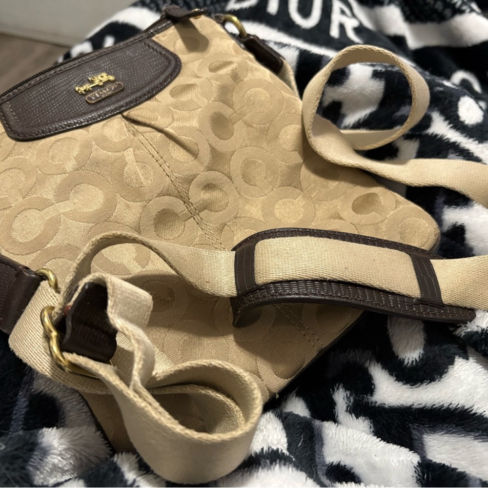 Coach Tan Canvas Crossbody with Brown Trim and Gold Hardware
